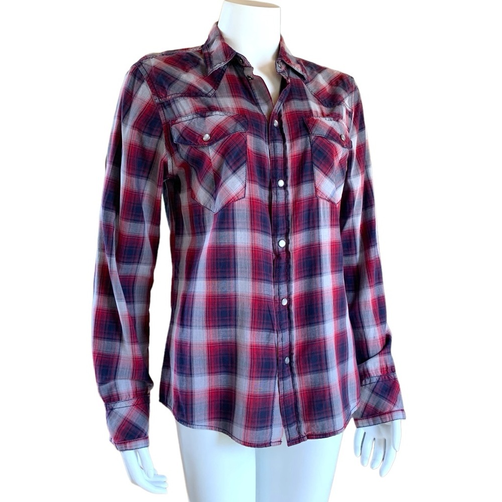Plaid Pearl Snap Western Shirt Small Red Blue Cowgirl Cotton